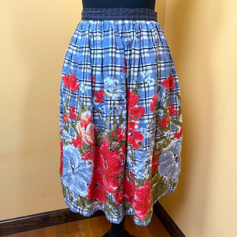 Vintage Anthropologie Odille Plaid Floral Bird Skirt Linen Blend Lace Lined Sz 2